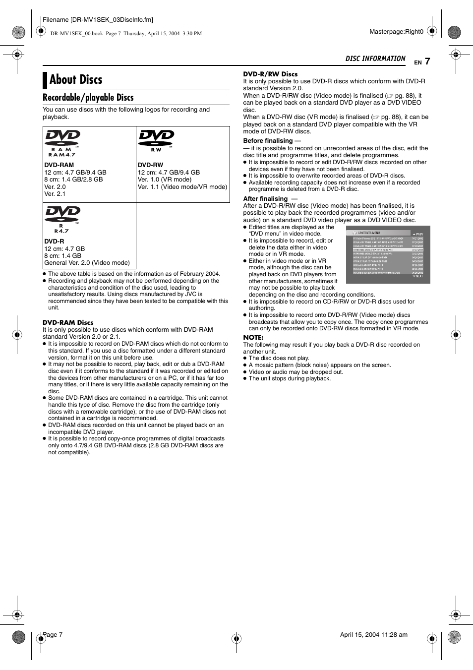 Disc information, About discs, Recordable/playable discs | JVC DR-MV1B User Manual | Page 7 / 104