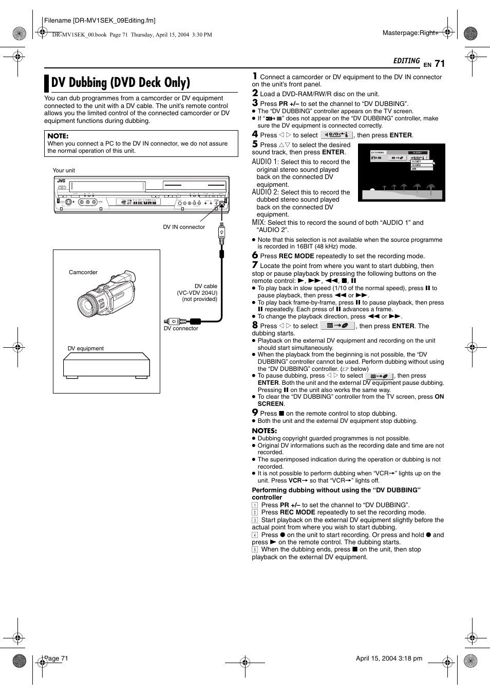 Dv dubbing (dvd deck only), Pg. 71 | JVC DR-MV1B User Manual | Page 71 / 104