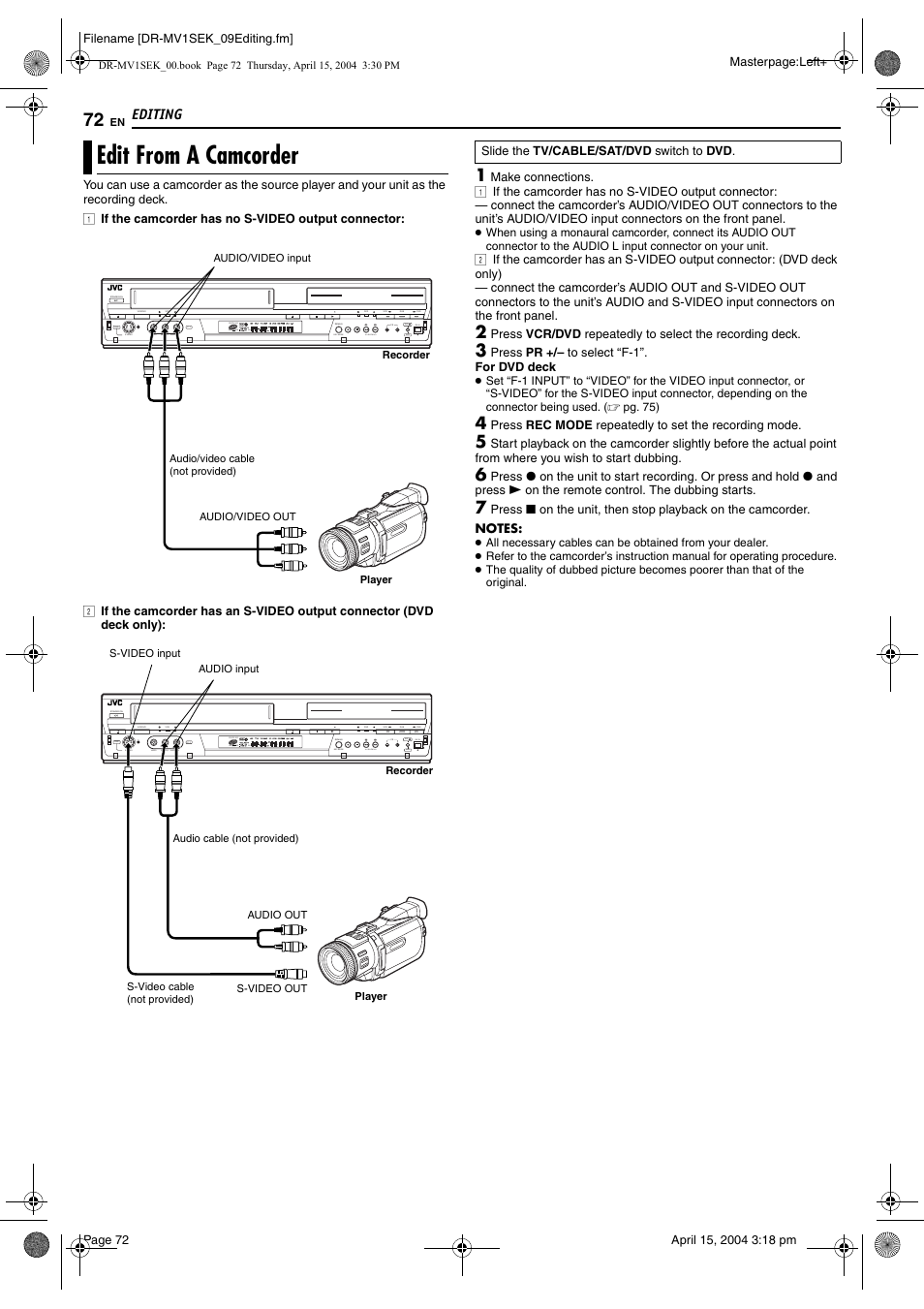 Edit from a camcorder, Pg. 72, Editing | JVC DR-MV1B User Manual | Page 72 / 104