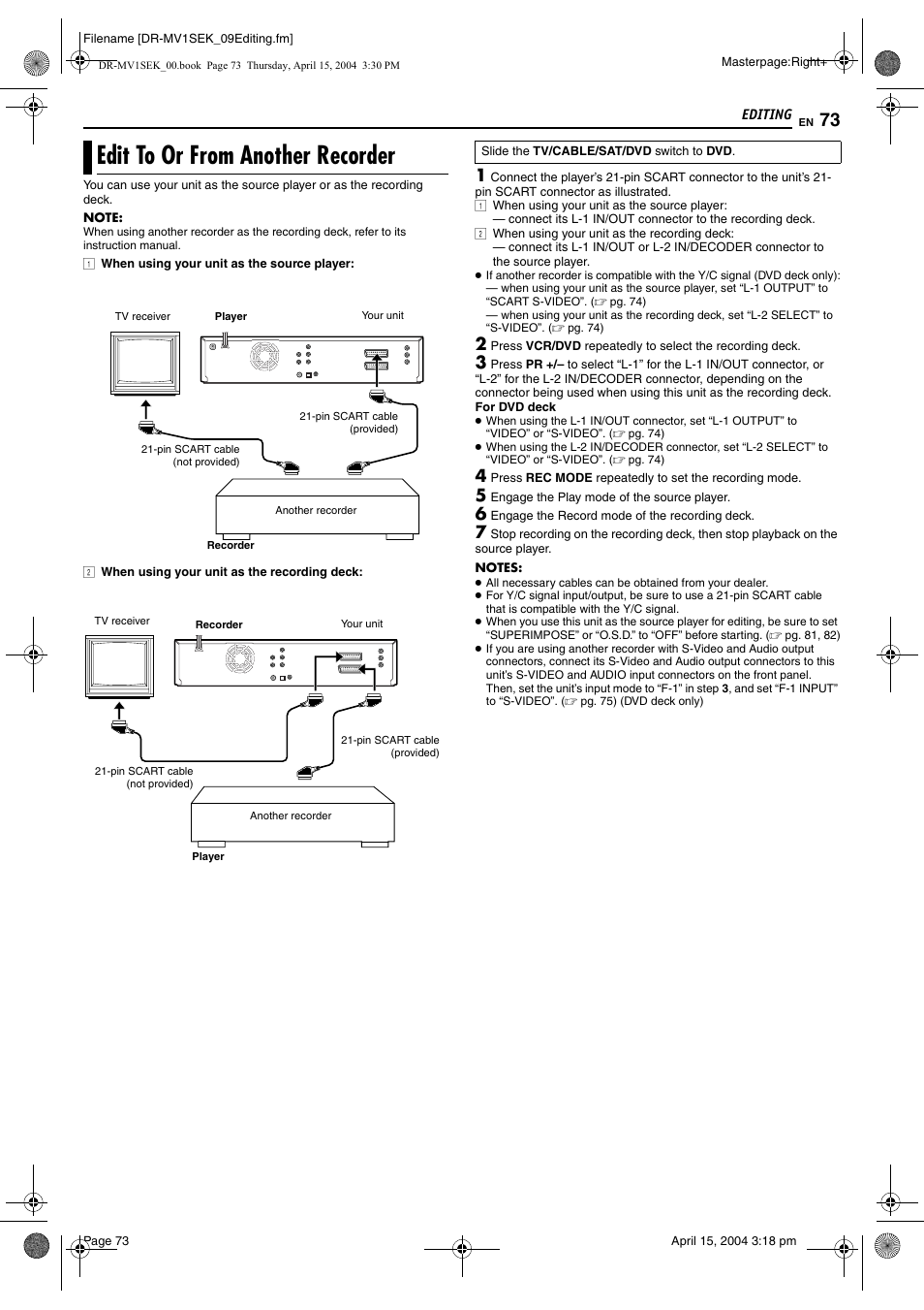 Edit to or from another recorder | JVC DR-MV1B User Manual | Page 73 / 104