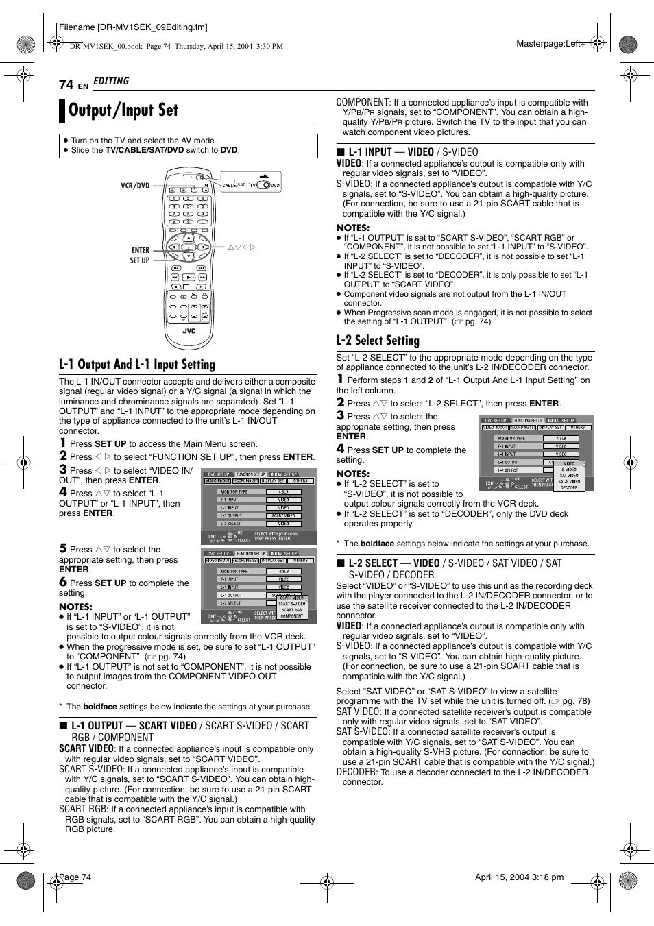 Output/input set, L-1 output and l-1 input setting, L2 select setting | Pg. 74), S-video, L-2 select setting | JVC DR-MV1B User Manual | Page 74 / 104