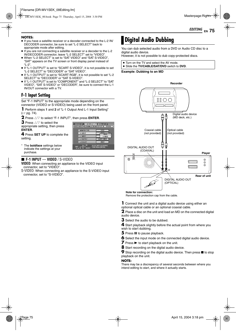 F-1 input setting, Digital audio dubbing, Pg. 75, 79 | Pg. 75) | JVC DR-MV1B User Manual | Page 75 / 104