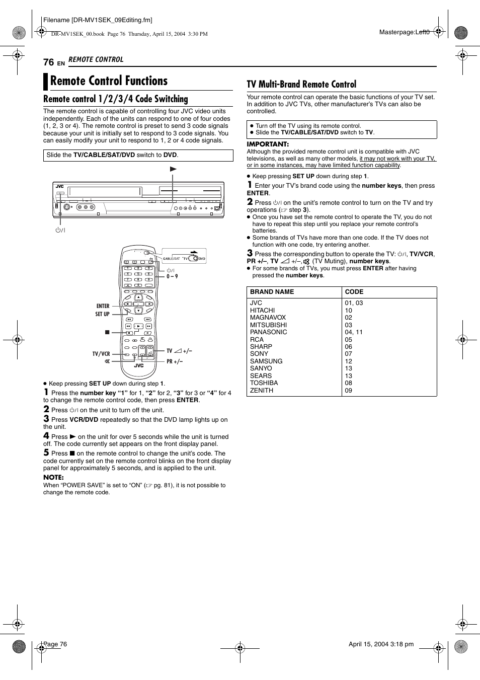 Remote control, Remote control functions, Remote control 1/2/3/4 code switching | Tv multi-brand remote control, Pg. 76, Pg. 76), Pg. 76, 77) | JVC DR-MV1B User Manual | Page 76 / 104
