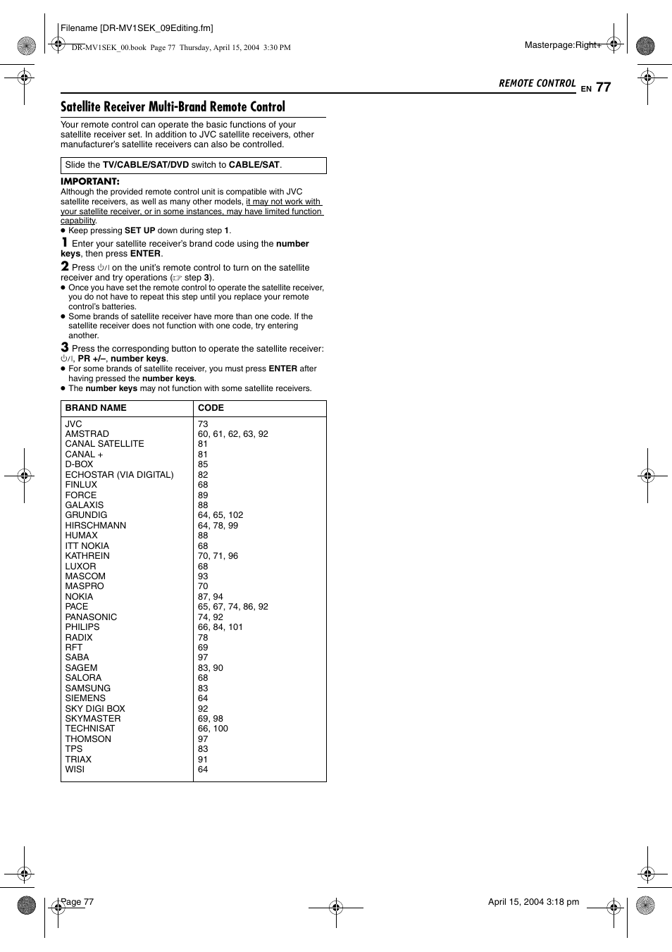 Satellite receiver multibrand remote control, Satellite receiver multi-brand remote control | JVC DR-MV1B User Manual | Page 77 / 104