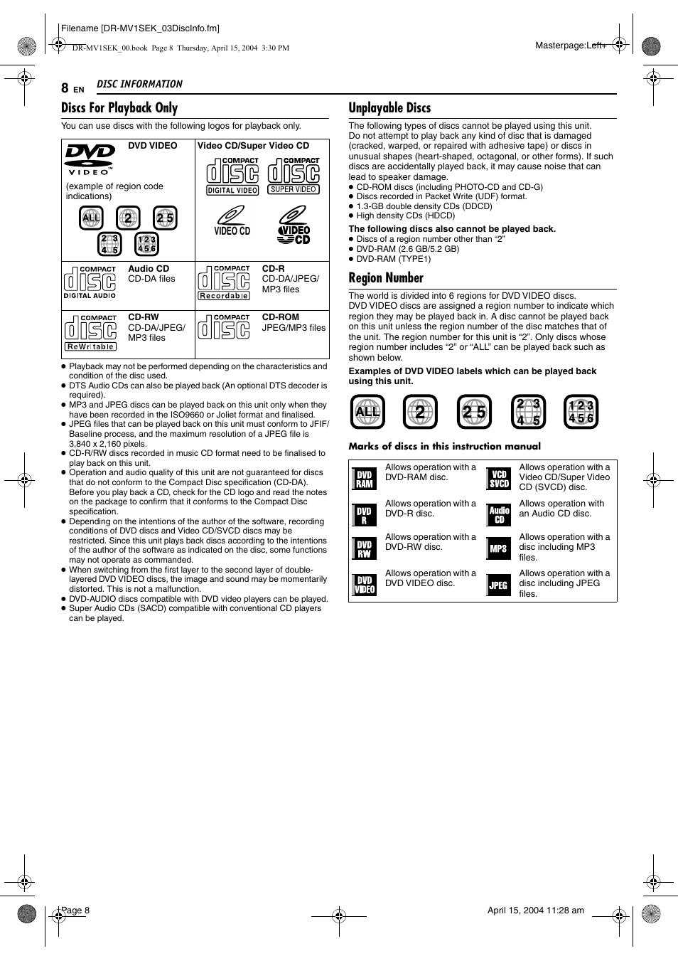 Discs for playback only, Unplayable discs, Region number | JVC DR-MV1B User Manual | Page 8 / 104