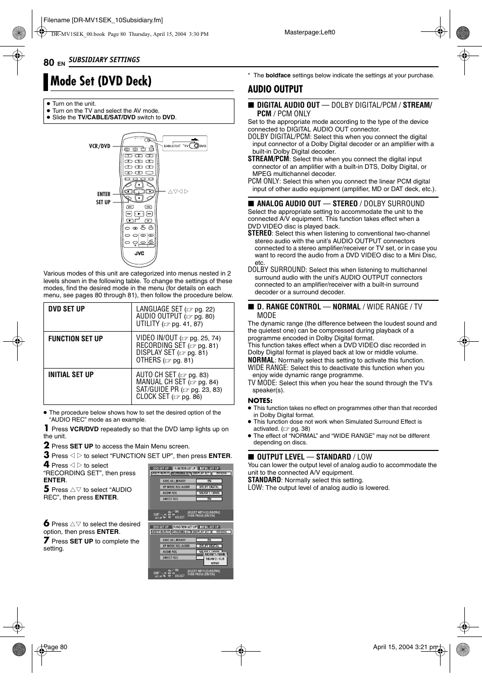 Subsidiary settings, Mode set (dvd deck), Pg. 80) | Audio output | JVC DR-MV1B User Manual | Page 80 / 104
