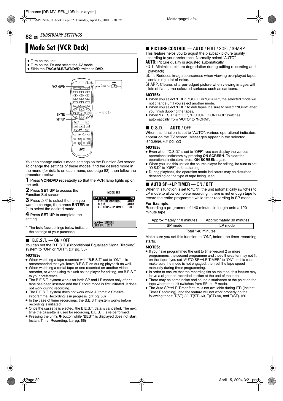 Mode set (vcr deck), Pg. 82) | JVC DR-MV1B User Manual | Page 82 / 104