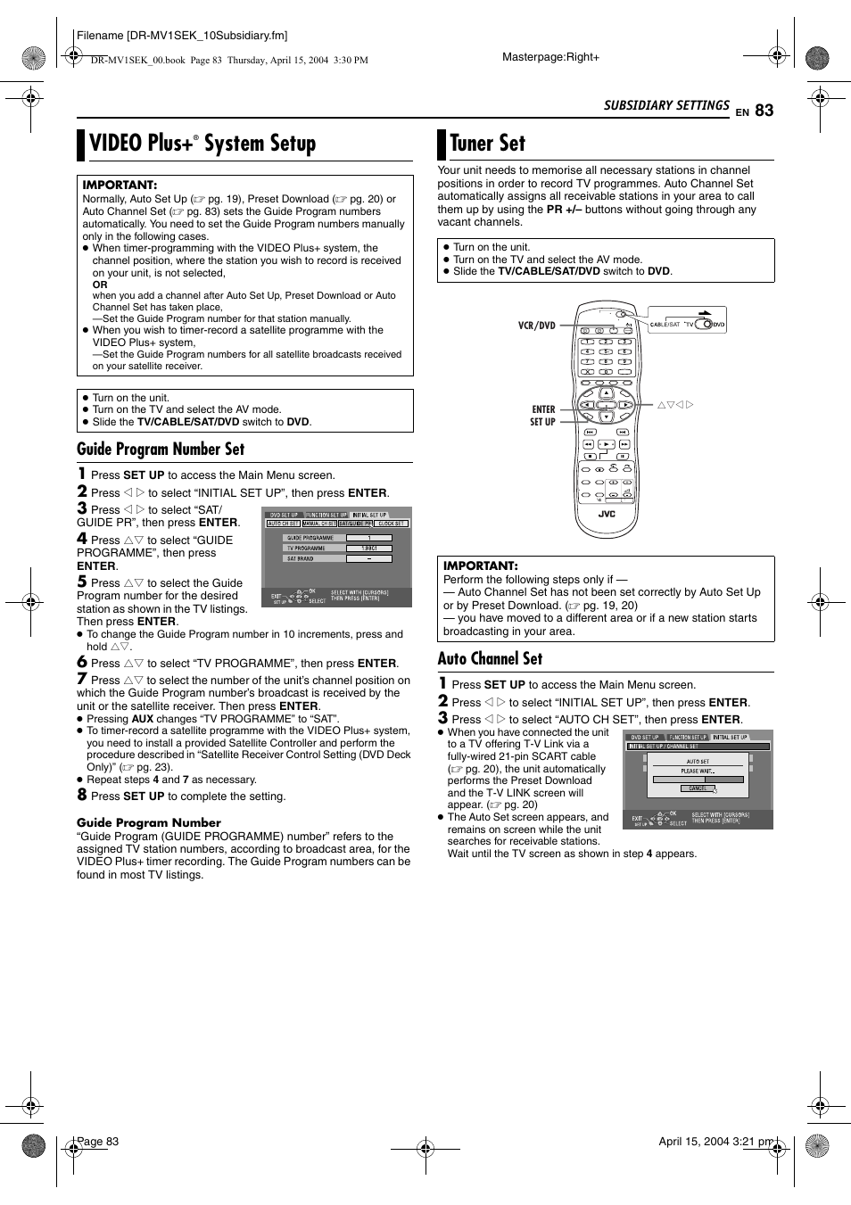 Video plus+® system setup, Guide program number set, Tuner set | Auto channel set, Video plus, System setup, Pg. 83), Setting, E “video plus, Pg. 83) a | JVC DR-MV1B User Manual | Page 83 / 104