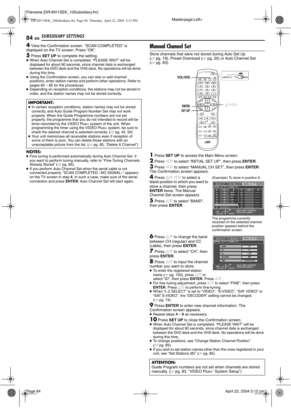 Manual channel set, S 84 – 85, Pg. 84) | JVC DR-MV1B User Manual | Page 84 / 104