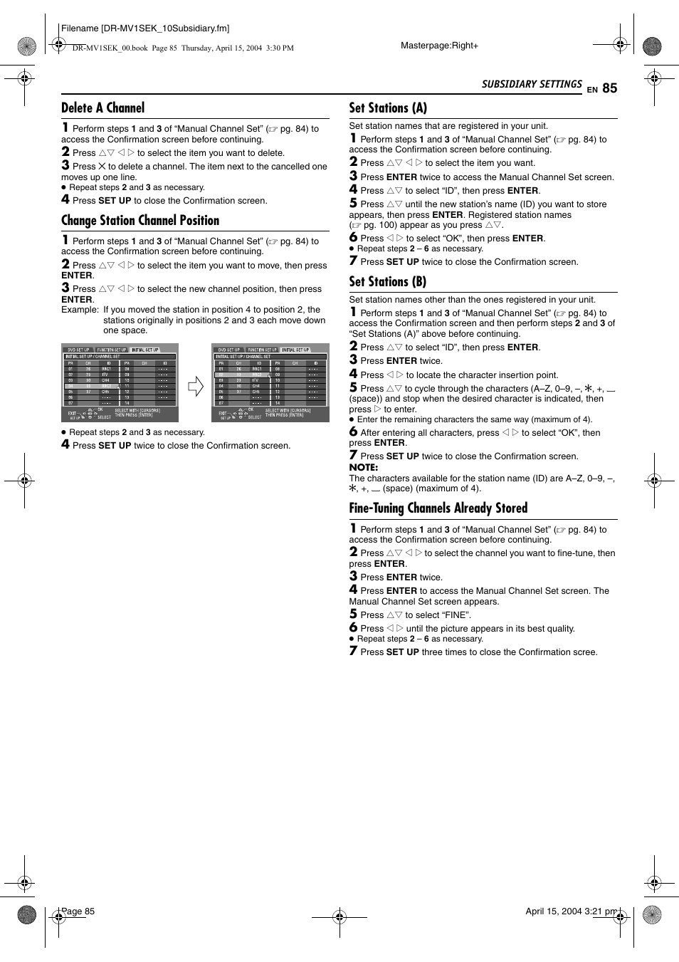 Delete a channel, Change station channel position, Set stations (a) | Set stations (b), Fine-tuning channels already stored, Pg. 85), Pg. 85, “delete a channel”), Channel set will start again, S completed, “please wait” will be, Displayed for | JVC DR-MV1B User Manual | Page 85 / 104