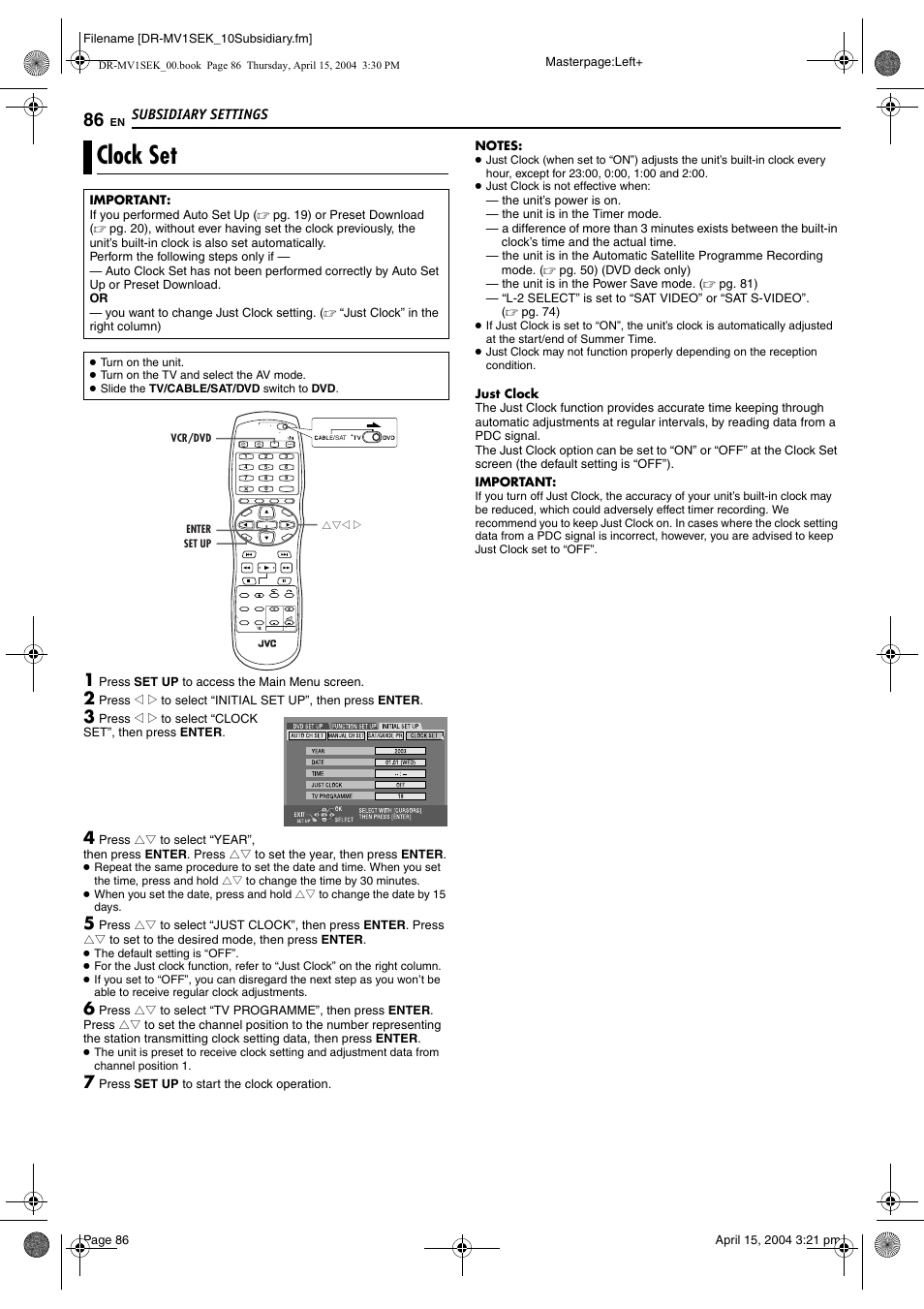 Clock set, Pg. 86) | JVC DR-MV1B User Manual | Page 86 / 104