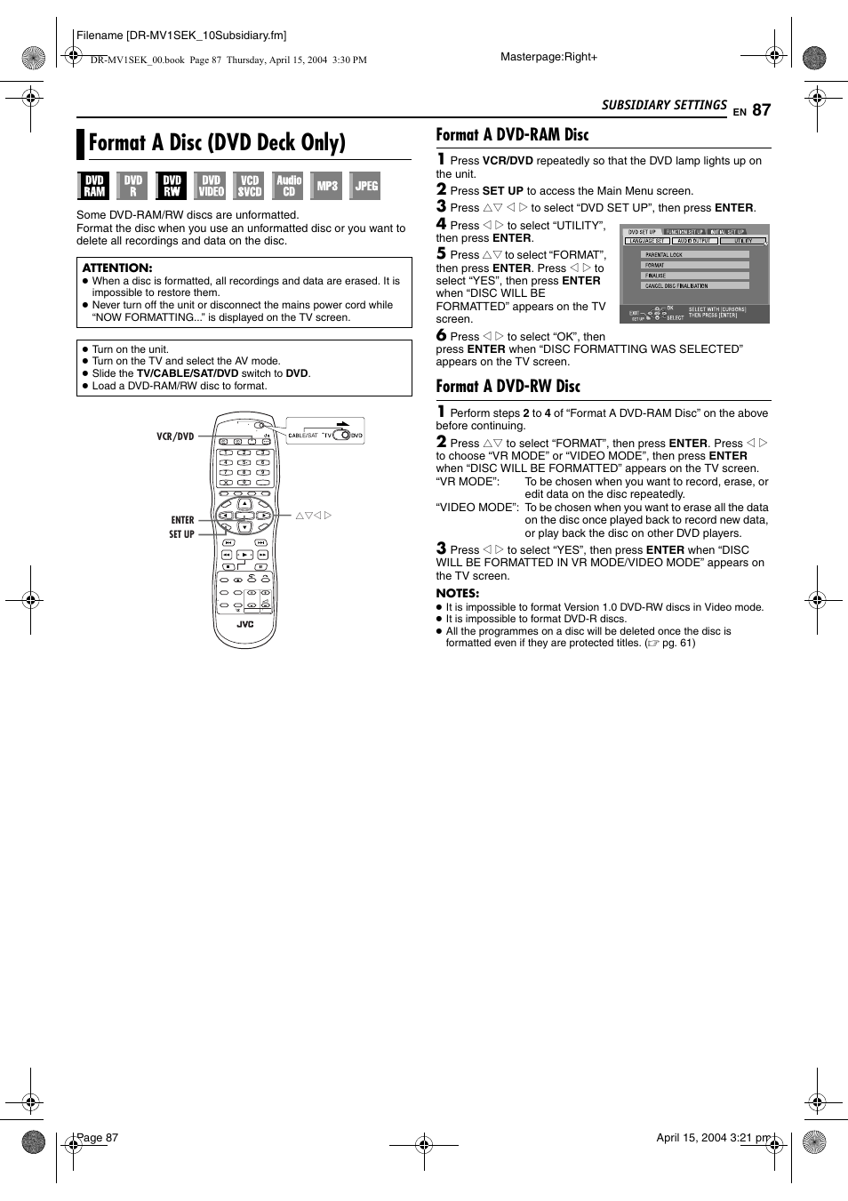 Format a disc (dvd deck only), Format a dvdram disc, Format a dvdrw disc | Pg. 87, Pg. 87), Format a dvd-ram disc, Format a dvd-rw disc | JVC DR-MV1B User Manual | Page 87 / 104