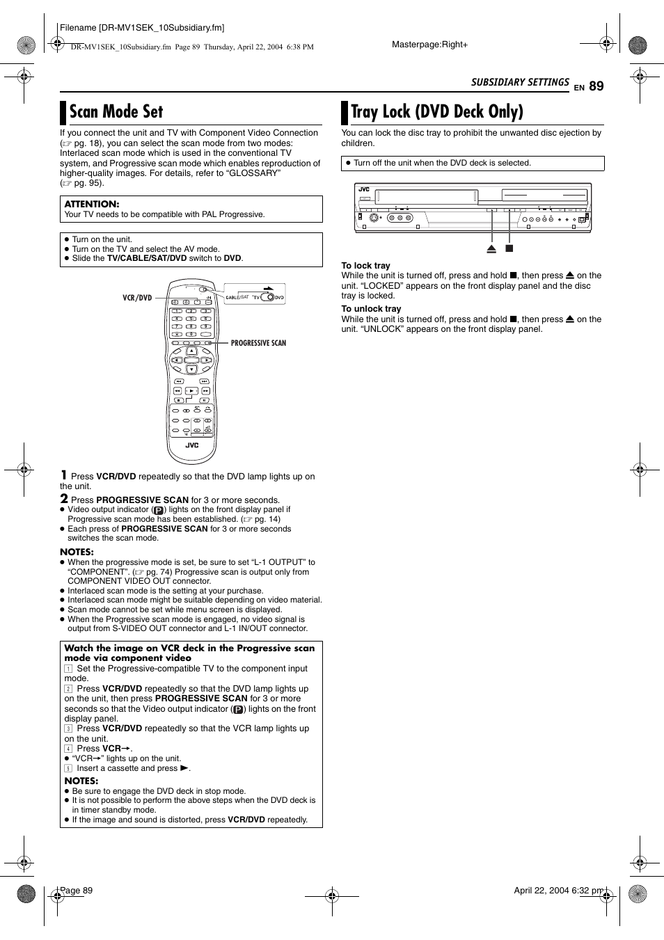 Scan mode set, Tray lock (dvd deck only), Scan mode set tray lock (dvd deck only) | Pg. 89, Pg. 89) | JVC DR-MV1B User Manual | Page 89 / 104