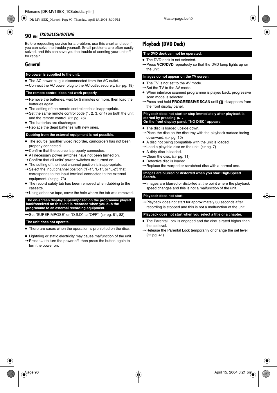 Troubleshooting, Troubleshooting 90, General | Playback (dvd deck) | JVC DR-MV1B User Manual | Page 90 / 104