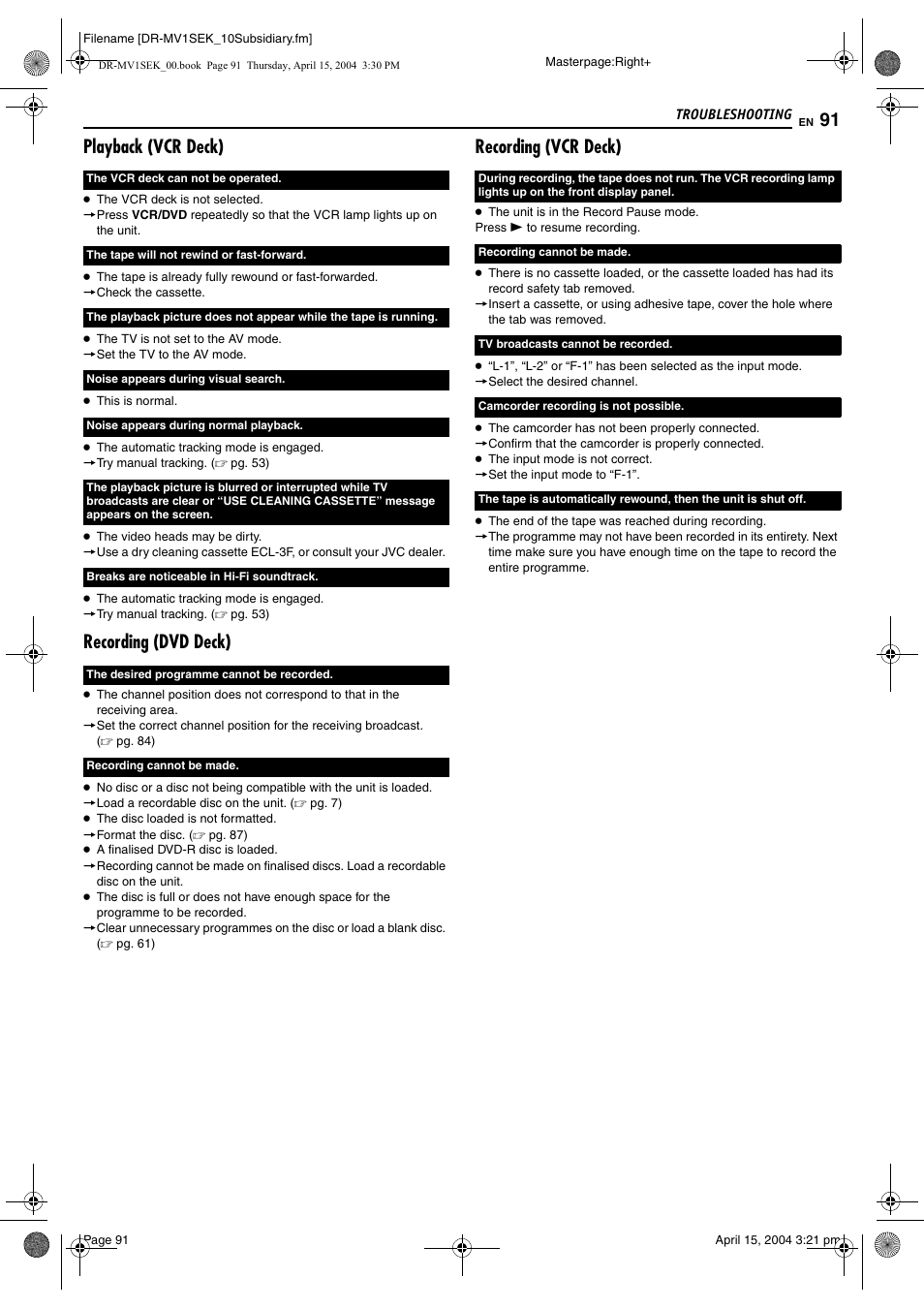 Playback (vcr deck), Recording (dvd deck), Recording (vcr deck) | JVC DR-MV1B User Manual | Page 91 / 104