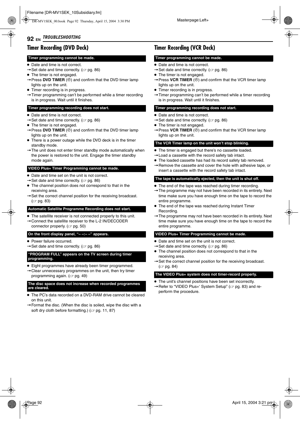 Timer recording (dvd deck), Timer recording (vcr deck) | JVC DR-MV1B User Manual | Page 92 / 104