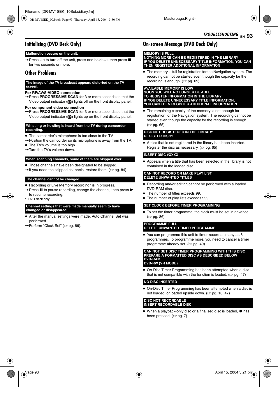 Initialising (dvd deck only), Other problems, On-screen message (dvd deck only) | JVC DR-MV1B User Manual | Page 93 / 104