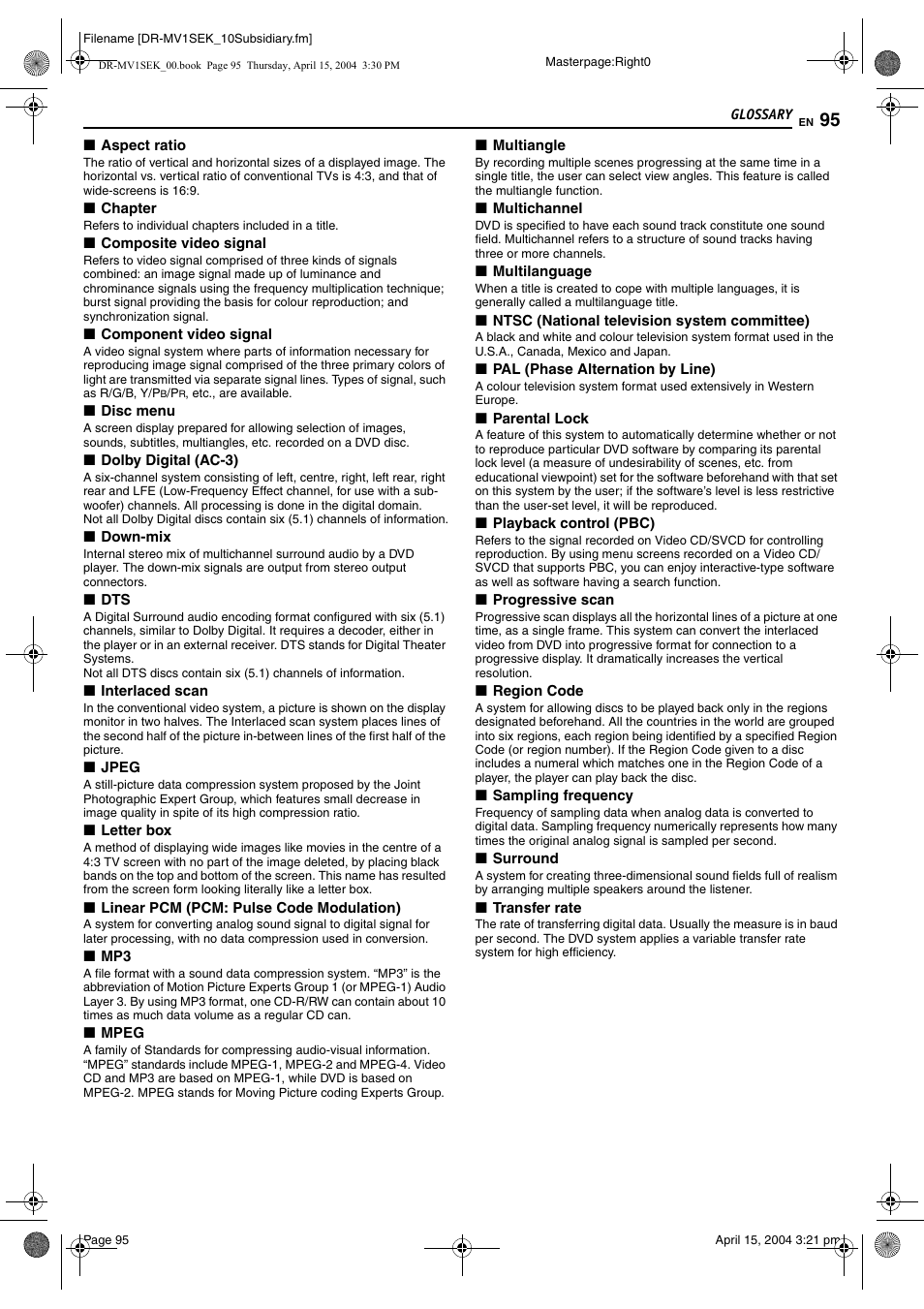 Glossary, Glossary 95, R to “glossary | Pg. 95) | JVC DR-MV1B User Manual | Page 95 / 104