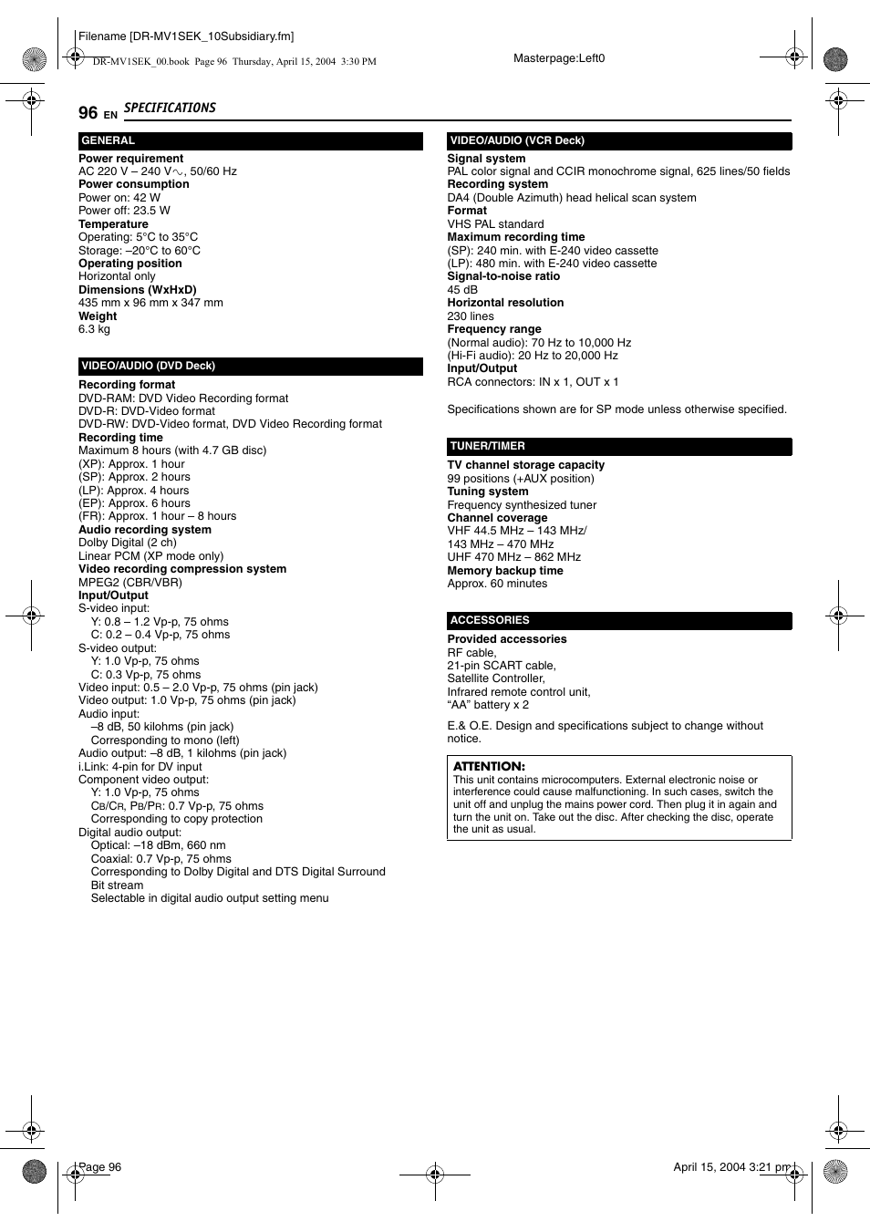 Specifications, Specifications 96 | JVC DR-MV1B User Manual | Page 96 / 104