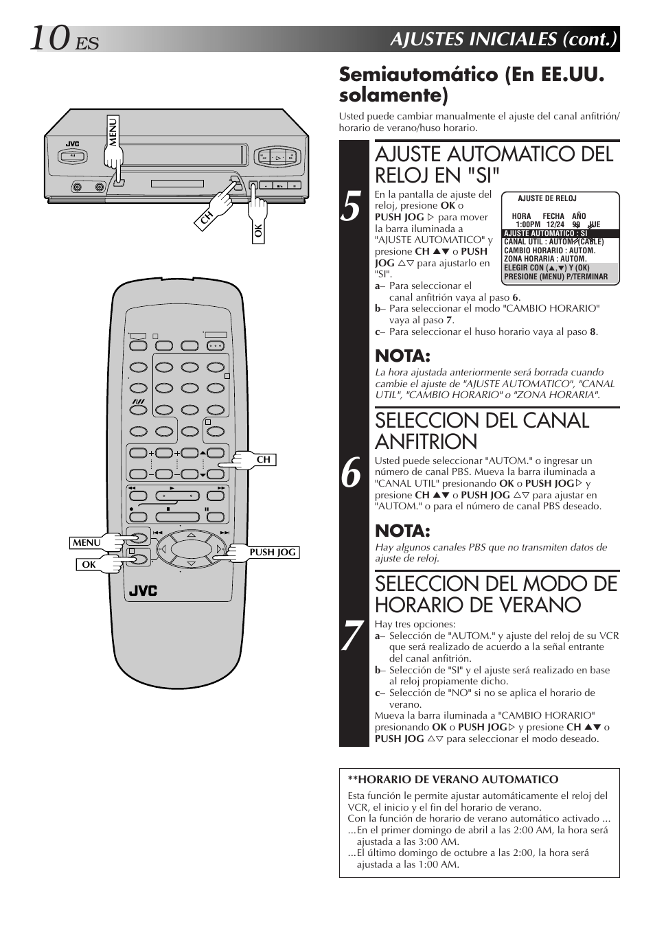 Ajuste automatico del reloj en "si, Seleccion del canal anfitrion, Seleccion del modo de horario de verano | Ajustes iniciales (cont.), Semiautomático (en ee.uu. solamente), Nota | JVC HR-J3006UM User Manual | Page 10 / 76