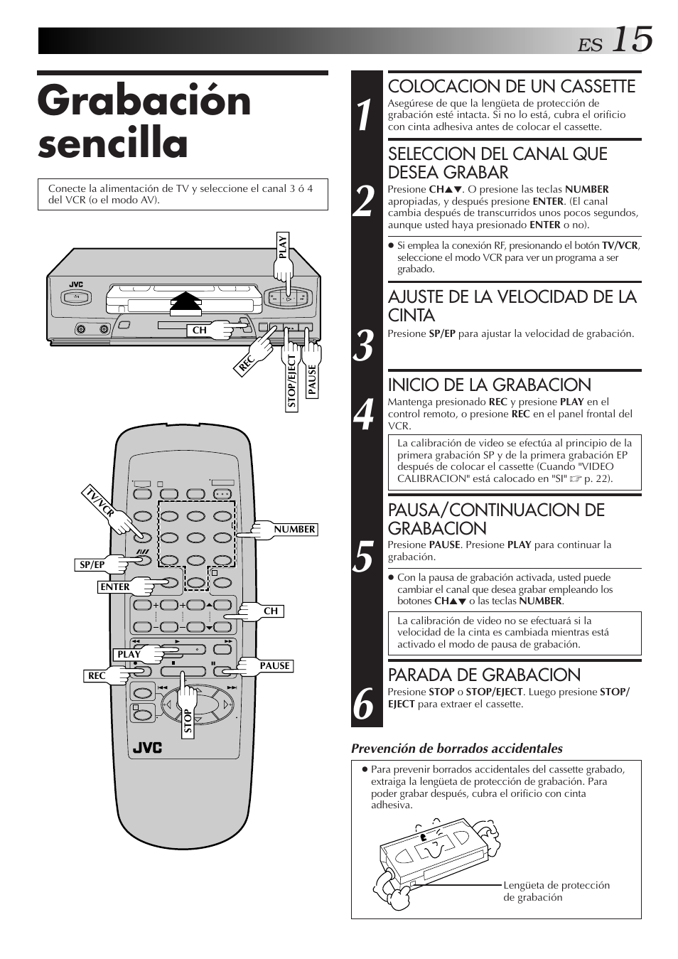 Grabación sencilla, Colocacion de un cassette, Seleccion del canal que desea grabar | Ajuste de la velocidad de la cinta, Inicio de la grabacion, Pausa/continuacion de grabacion, Parada de grabacion | JVC HR-J3006UM User Manual | Page 15 / 76