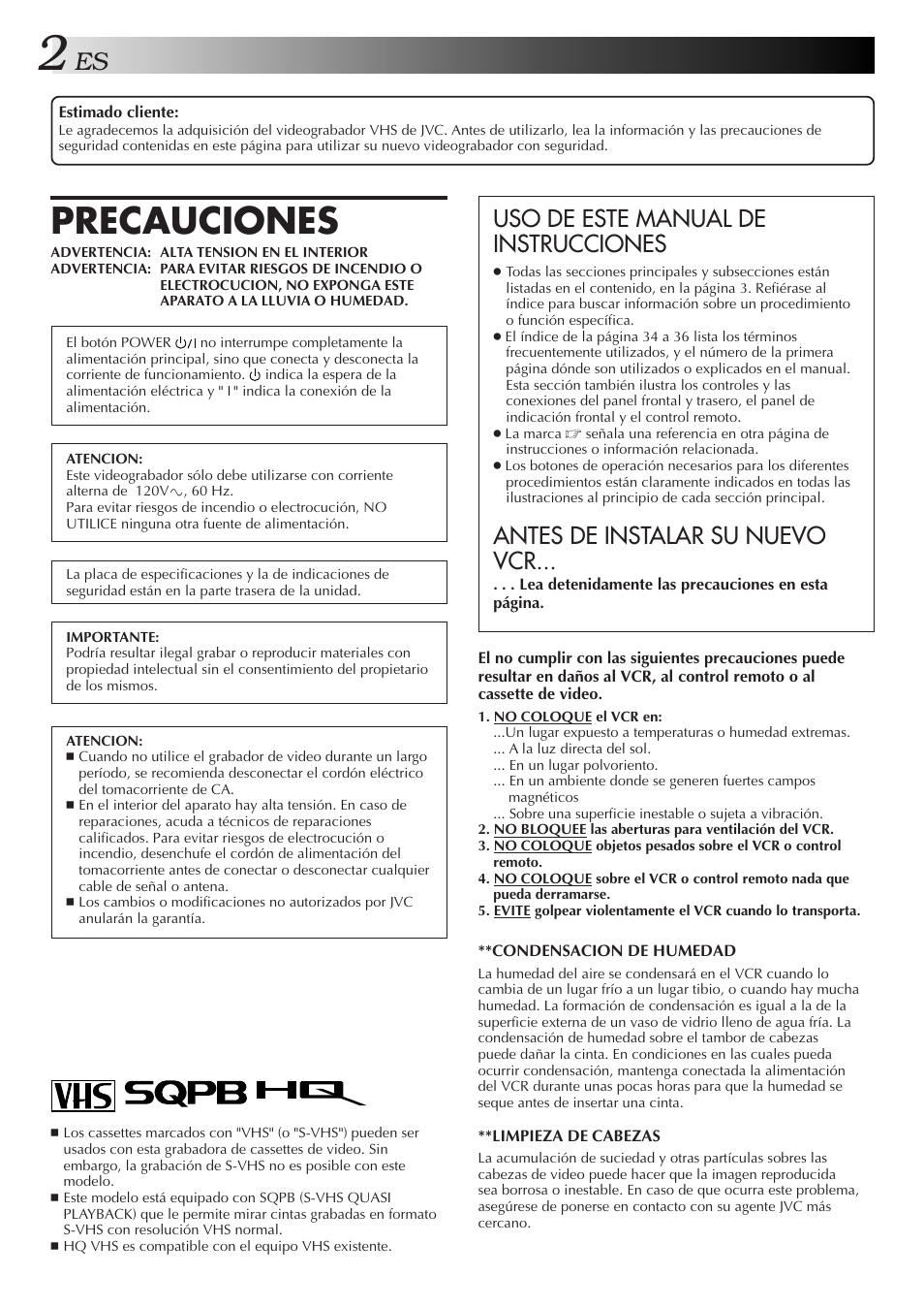 Precauciones, Uso de este manual de instrucciones, Antes de instalar su nuevo vcr | JVC HR-J3006UM User Manual | Page 2 / 76