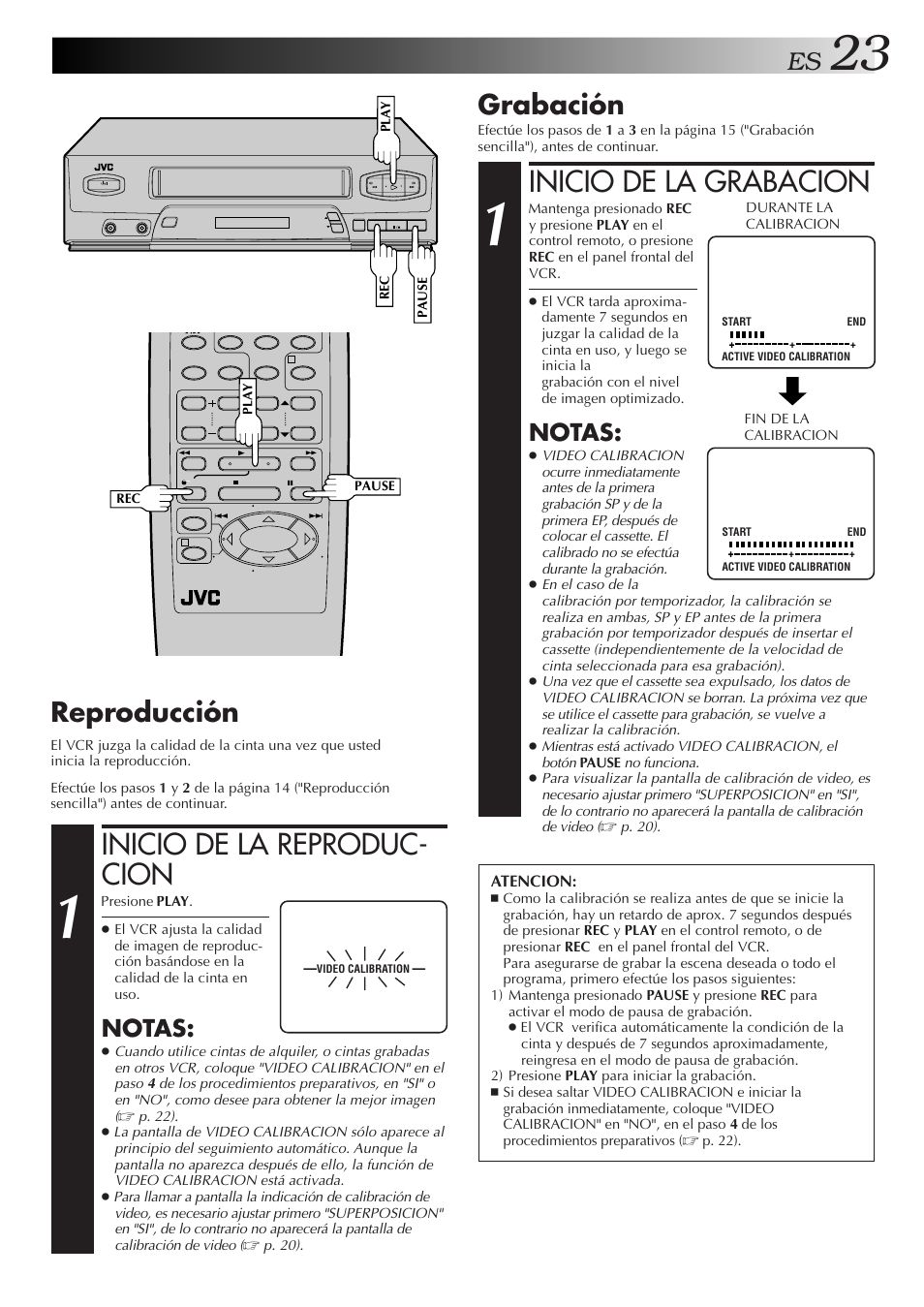 Inicio de la grabacion, Inicio de la reproduc- cion, Grabación | Reproducción, Notas | JVC HR-J3006UM User Manual | Page 23 / 76