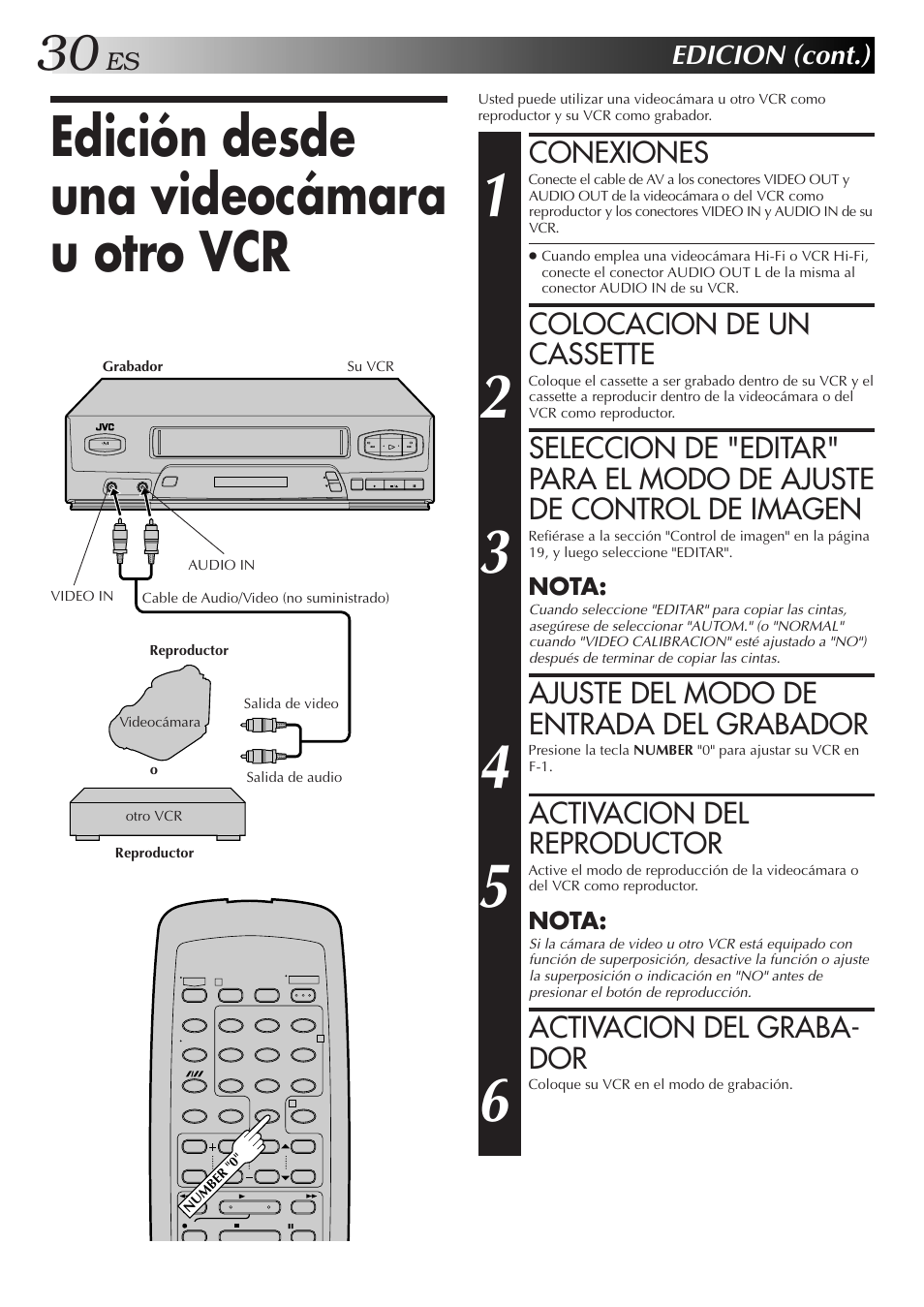 Edición desde una videocámara u otro vcr, Conexiones, Colocacion de un cassette | Ajuste del modo de entrada del grabador, Activacion del reproductor, Activacion del graba- dor, Edicion (cont.) | JVC HR-J3006UM User Manual | Page 30 / 76