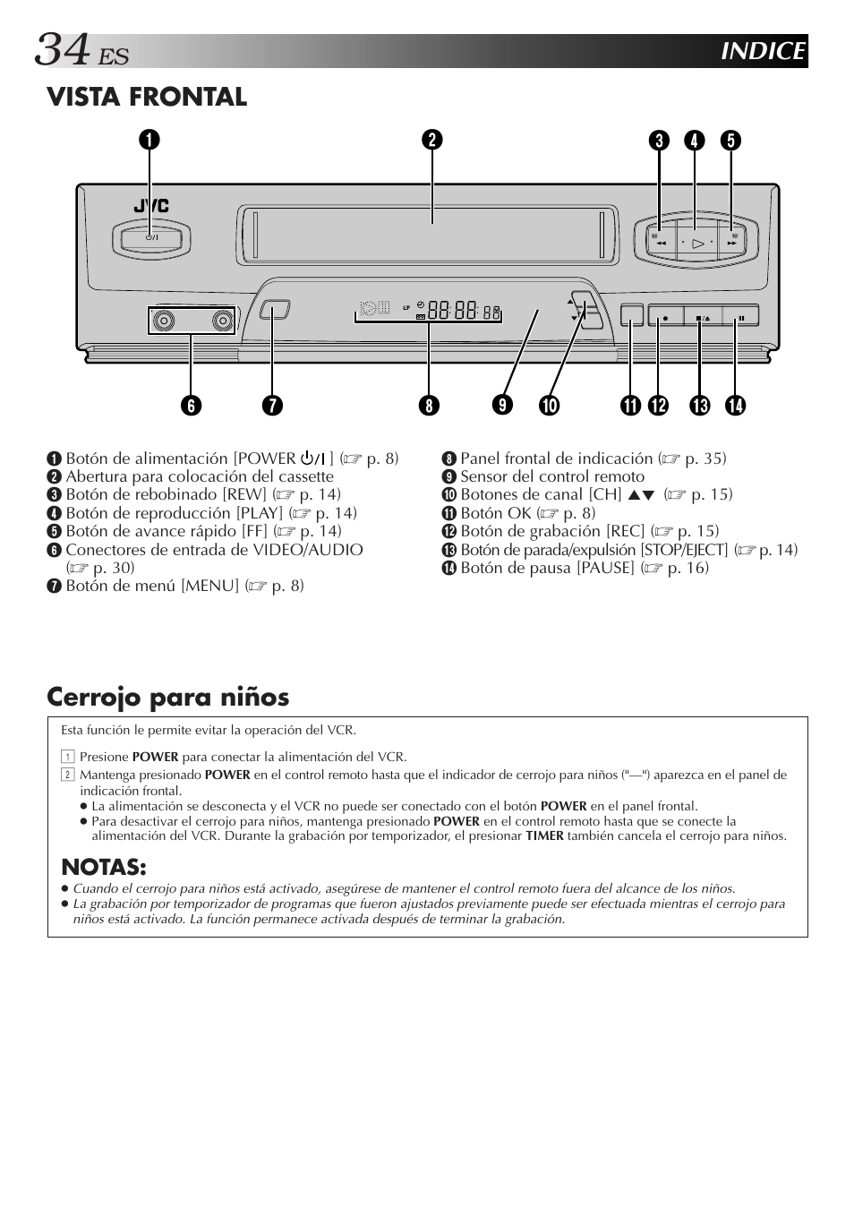 Indice, Vista frontal, Cerrojo para niños | Notas | JVC HR-J3006UM User Manual | Page 34 / 76