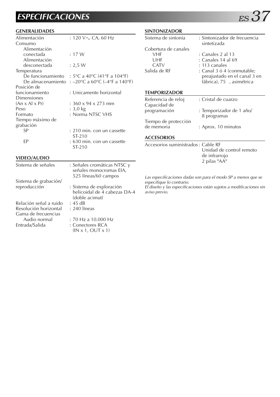 Especificaciones | JVC HR-J3006UM User Manual | Page 37 / 76