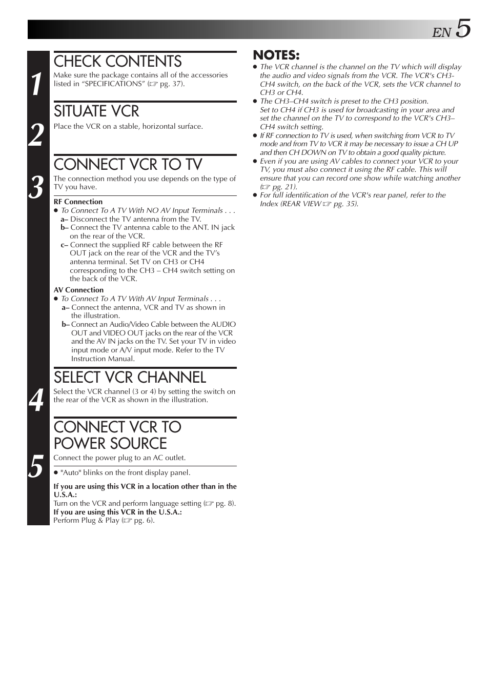 Check contents, Situate vcr, Connect vcr to tv | Select vcr channel, Connect vcr to power source | JVC HR-J3006UM User Manual | Page 41 / 76