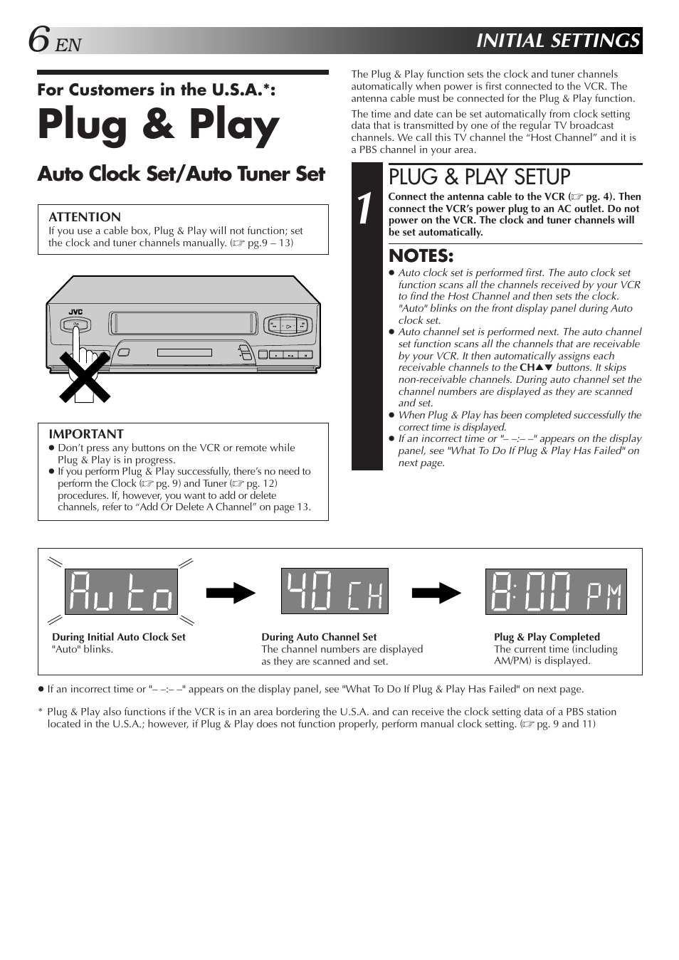 Plug & play, Plug & play setup, Initial settings | Auto clock set/auto tuner set | JVC HR-J3006UM User Manual | Page 42 / 76