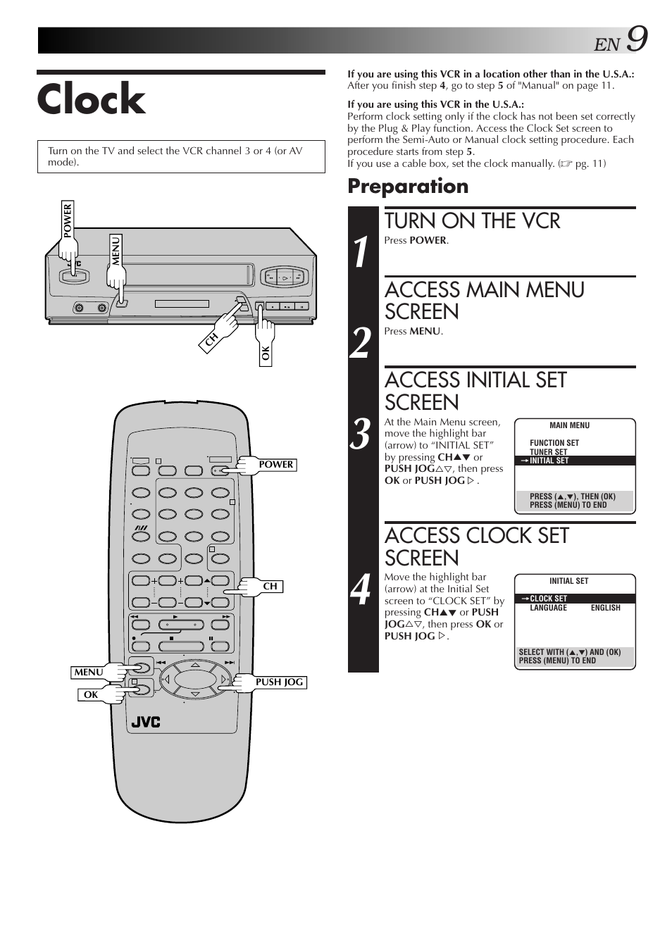 Clock, Turn on the vcr, Access main menu screen | Access initial set screen, Access clock set screen, Preparation | JVC HR-J3006UM User Manual | Page 45 / 76