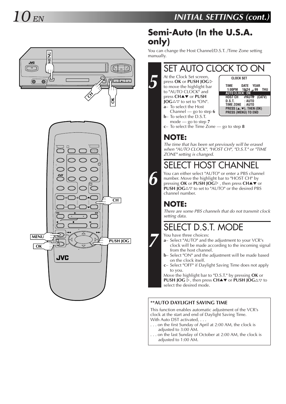 Set auto clock to on, Select host channel, Select d.s.t. mode | Initial settings (cont.), Semi-auto (in the u.s.a. only) | JVC HR-J3006UM User Manual | Page 46 / 76