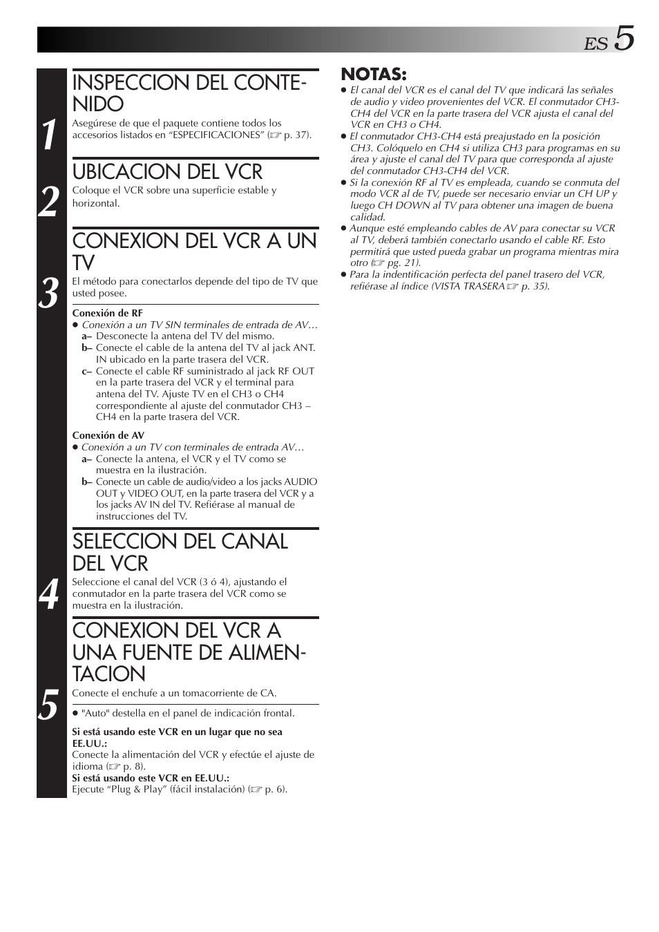 Inspeccion del conte- nido, Ubicacion del vcr, Conexion del vcr a un tv | Seleccion del canal del vcr, Conexion del vcr a una fuente de alimen- tacion | JVC HR-J3006UM User Manual | Page 5 / 76