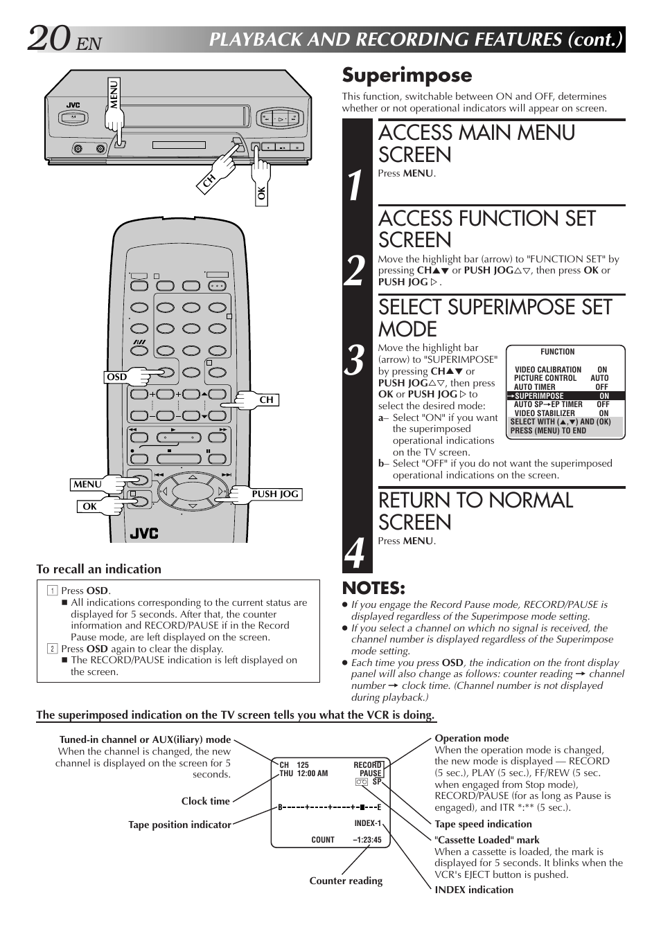 Access main menu screen, Access function set screen, Select superimpose set mode | Return to normal screen, Playback and recording features (cont.), Superimpose | JVC HR-J3006UM User Manual | Page 56 / 76