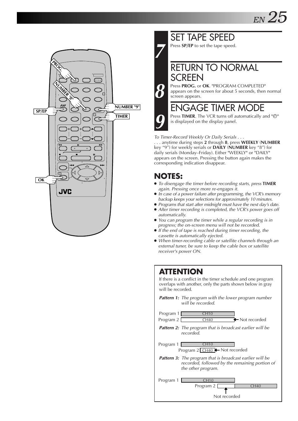 Set tape speed, Return to normal screen, Engage timer mode | Attention | JVC HR-J3006UM User Manual | Page 61 / 76