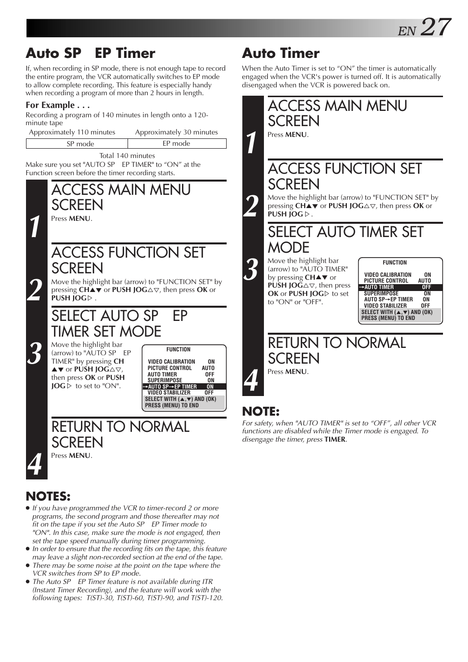 Access main menu screen, Access function set screen, Select auto timer set mode | Return to normal screen, Select auto sp → ep timer set mode, Auto timer, Auto sp → ep timer | JVC HR-J3006UM User Manual | Page 63 / 76