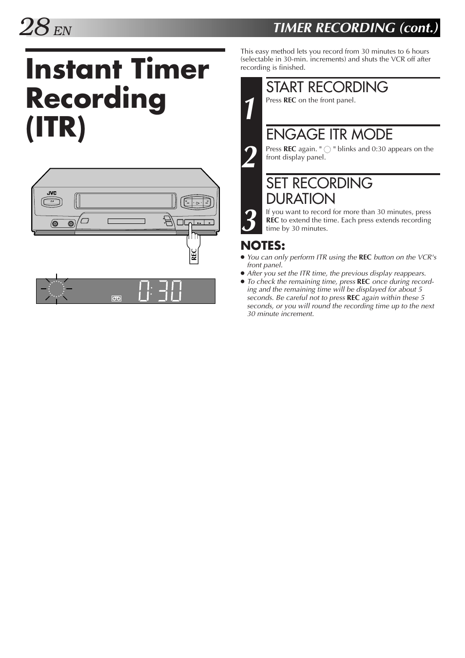 Instant timer recording (itr), Start recording, Engage itr mode | Set recording duration | JVC HR-J3006UM User Manual | Page 64 / 76