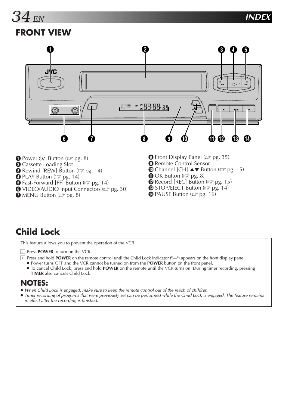 Index, Front view, Child lock | JVC HR-J3006UM User Manual | Page 70 / 76