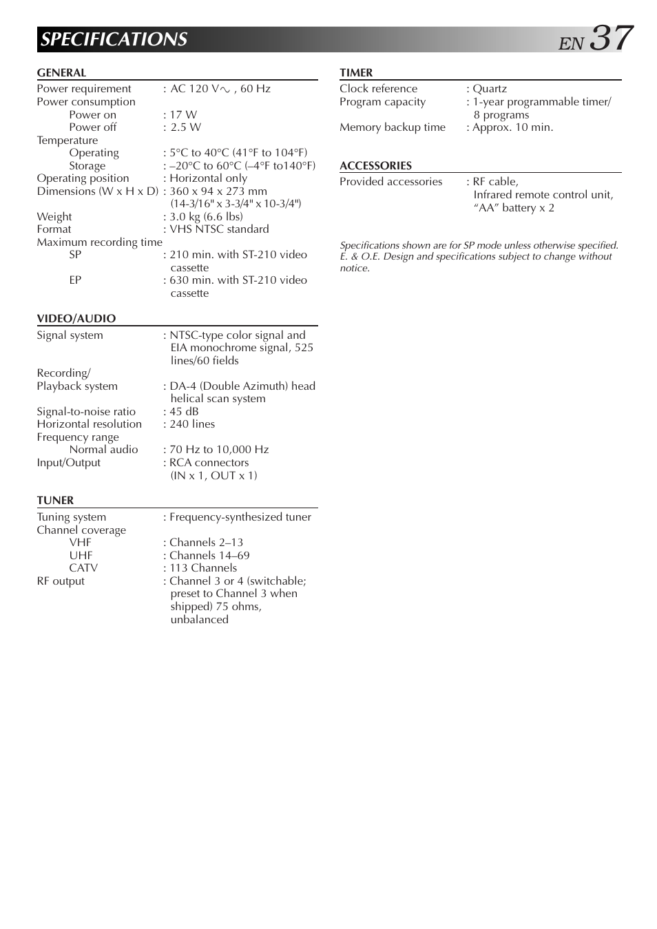 Specifications | JVC HR-J3006UM User Manual | Page 73 / 76