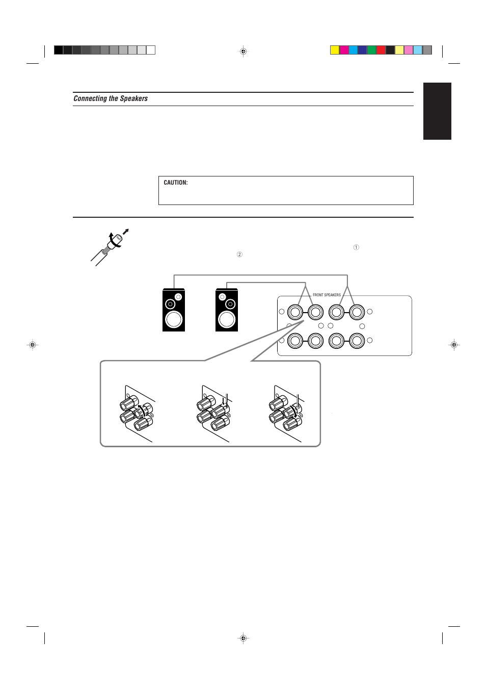 English, Connecting the speakers, Page 6 | Connecting the front speakers | JVC RX-730R User Manual | Page 11 / 58