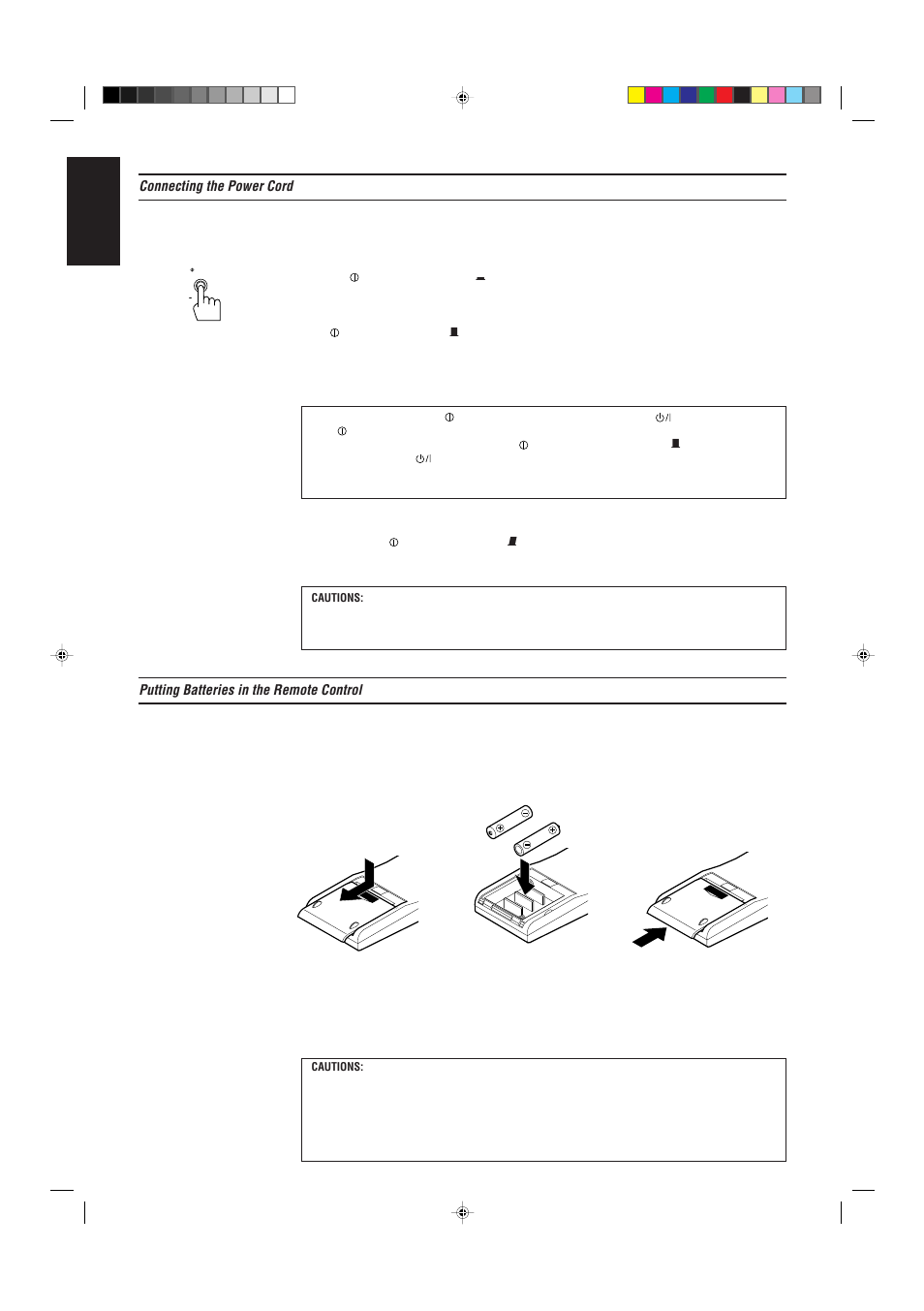 English, Connecting the power cord, Putting batteries in the remote control | JVC RX-730R User Manual | Page 16 / 58