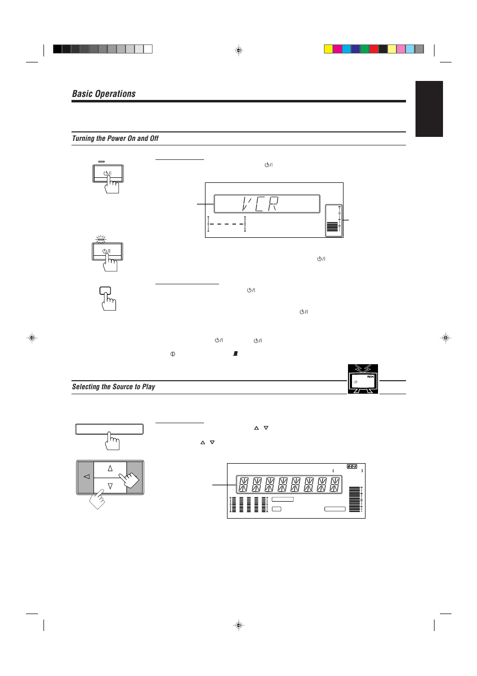 Basic operations, English, Turning the power on and off | Selecting the source to play, Page 12 | JVC RX-730R User Manual | Page 17 / 58