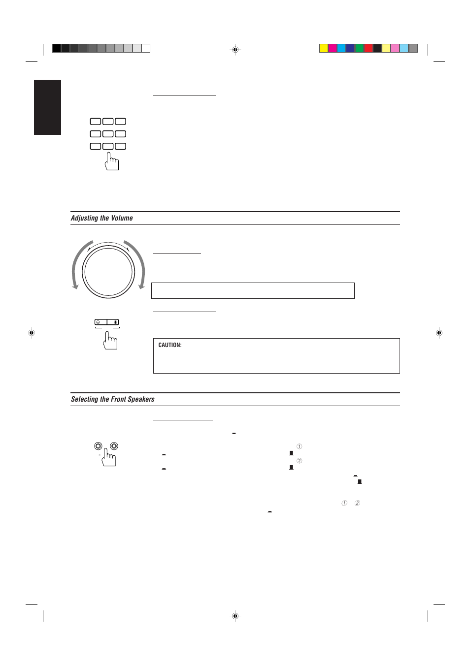 English, Adjusting the volume, Selecting the front speakers | Page 13 | JVC RX-730R User Manual | Page 18 / 58