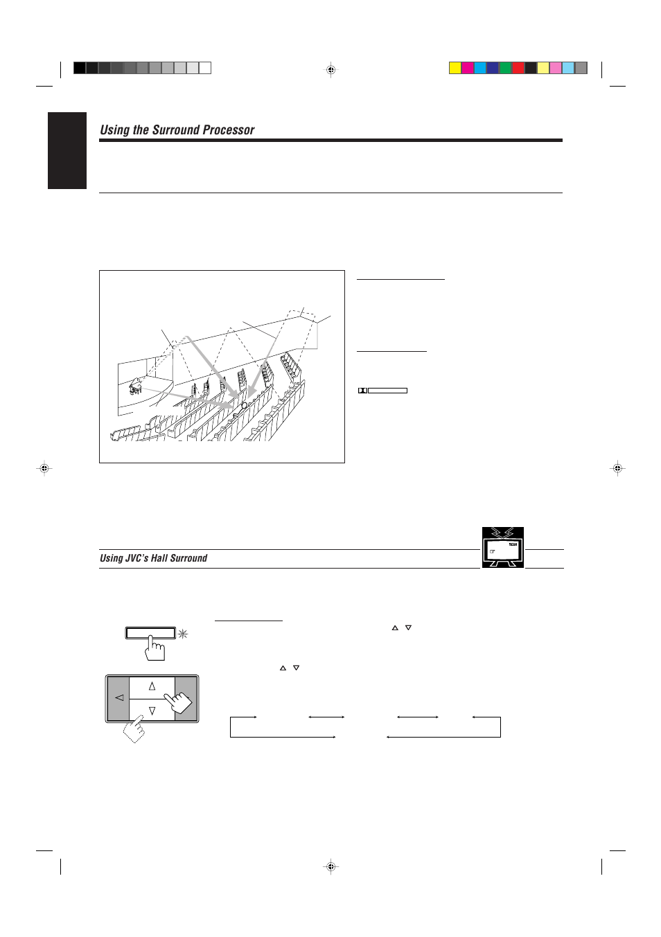 Using the surround processor, English | JVC RX-730R User Manual | Page 34 / 58