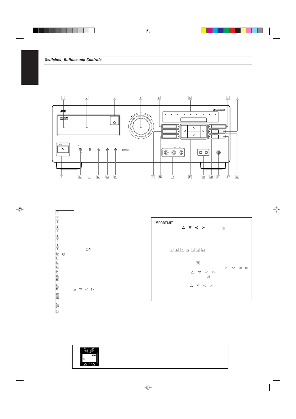 English, Switches, buttons and controls, Page 3 | Front panel | JVC RX-730R User Manual | Page 8 / 58