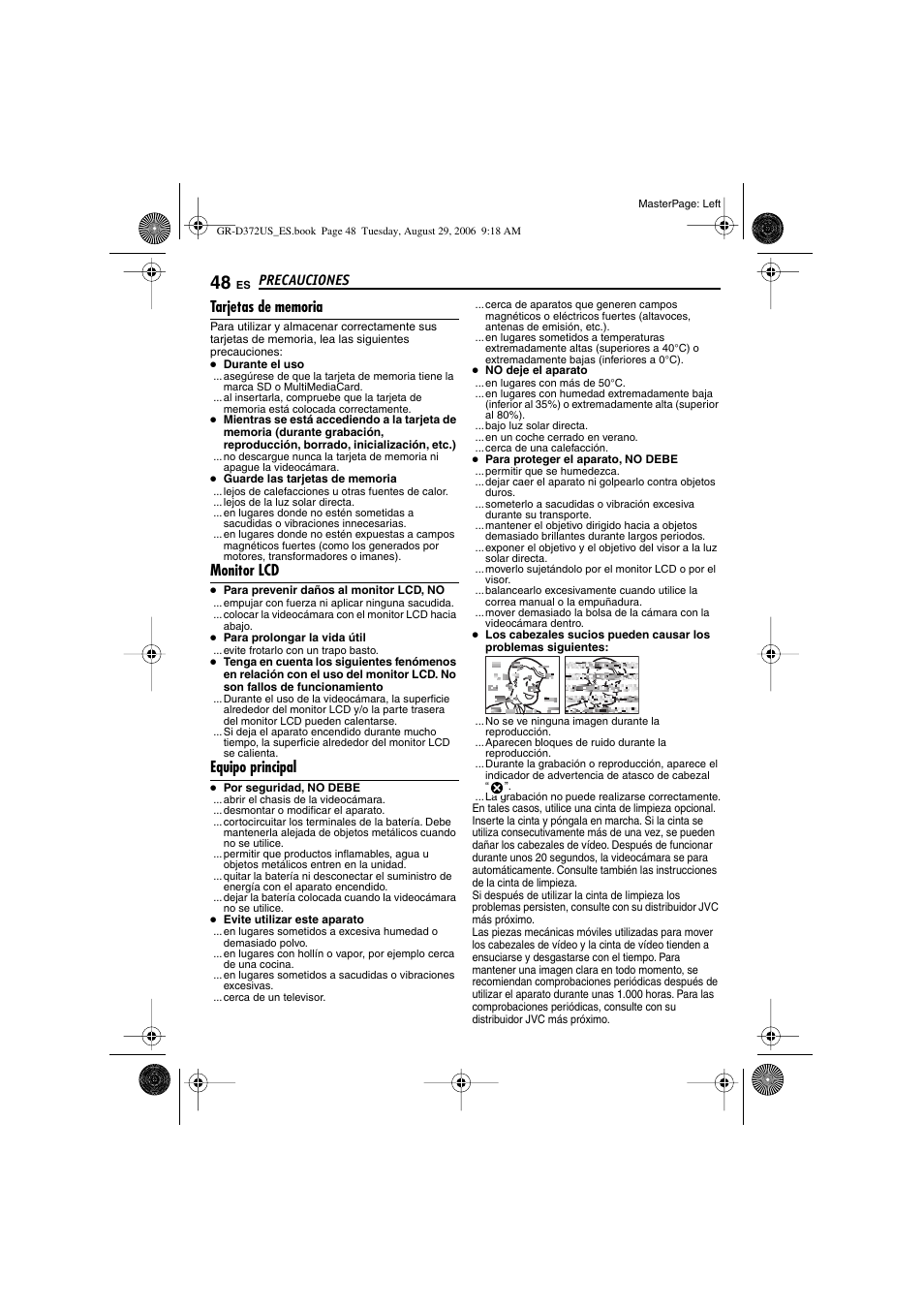 Tarjetas de memoria, Monitor lcd, Equipo principal | P. 48), Precauciones | JVC LYT1624-001B User Manual | Page 100 / 104