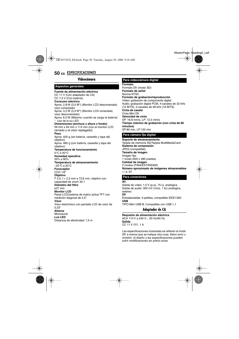 Especificaciones, Videocámara, Adaptador de ca | JVC LYT1624-001B User Manual | Page 102 / 104