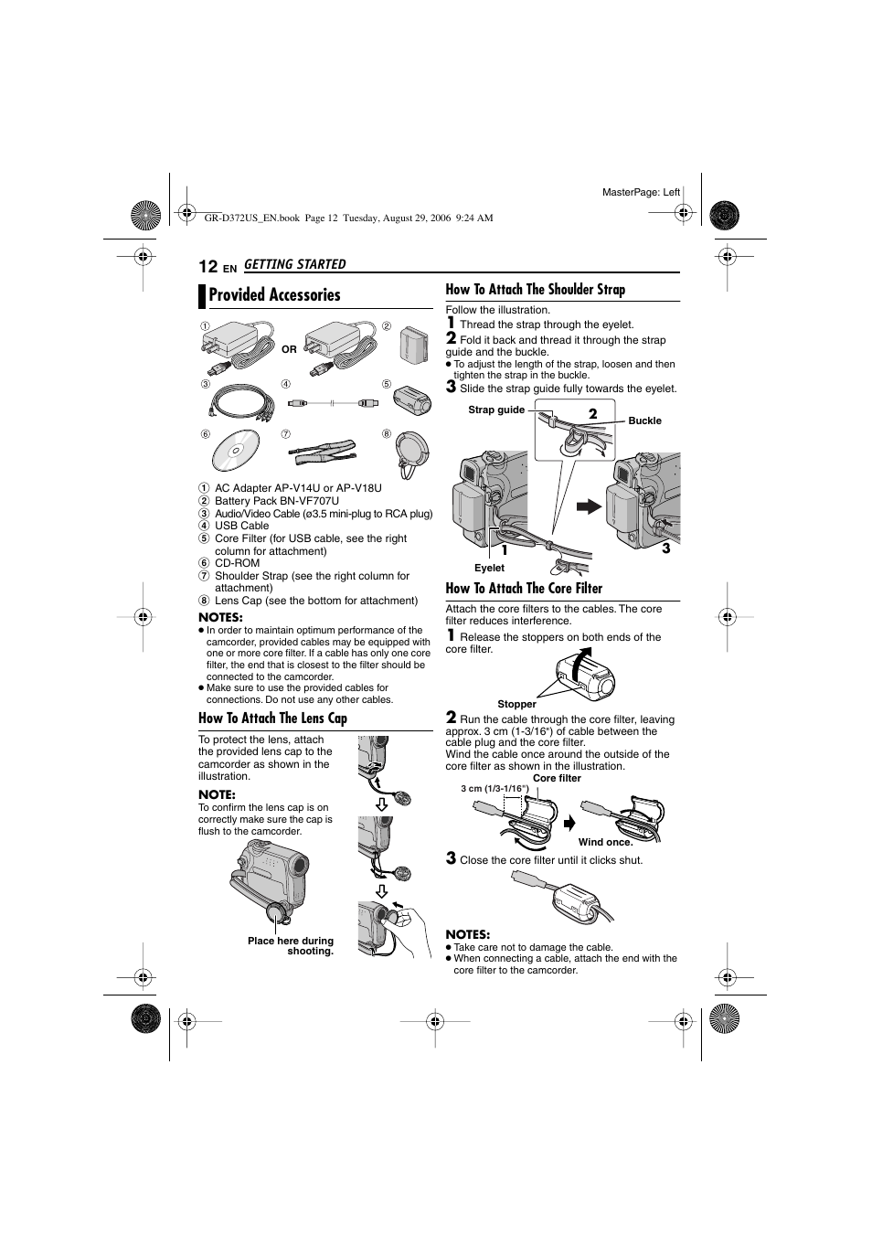 Provided accessories, How to attach the lens cap, How to attach the shoulder strap | How to attach the core filter, Elet (੬ pg. 12) | JVC LYT1624-001B User Manual | Page 12 / 104